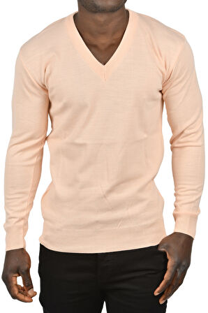 DeepSEA Erkek Pudra Slim Fit V Yaka Basic Triko İnce Kazak 2505494