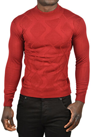 DeepSEA Erkek Bordo DeepSEA Baklava Desenli Slim Fit Yarım Balıkçı Yaka Triko Boğazlı Kazak 2505511