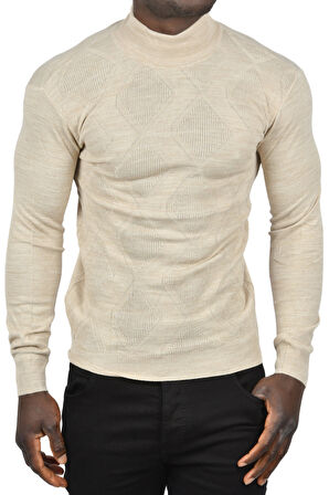 DeepSEA Erkek Bej DeepSEA Baklava Desenli Slim Fit Yarım Balıkçı Yaka Triko Boğazlı Kazak 2505511