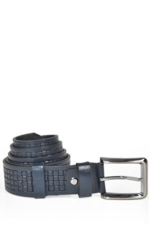 DeepSEA Erkek Lacivert Kare Desenli Hakiki  Deri Kot Kemeri Orjinal Deri 4 cm Spor Kemer 2402620