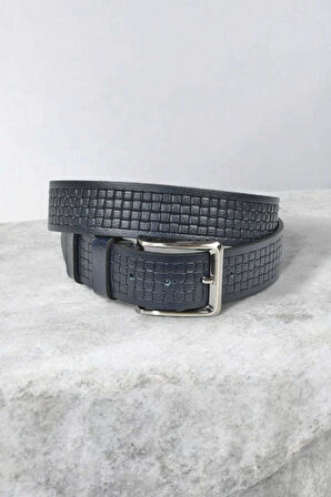 DeepSEA Erkek Lacivert Kare Desenli Hakiki  Deri Kot Kemeri Orjinal Deri 4 cm Spor Kemer 2402620