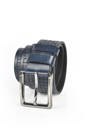 DeepSEA Erkek Lacivert Kare Desenli Hakiki  Deri Kot Kemeri Orjinal Deri 4 cm Spor Kemer 2402620