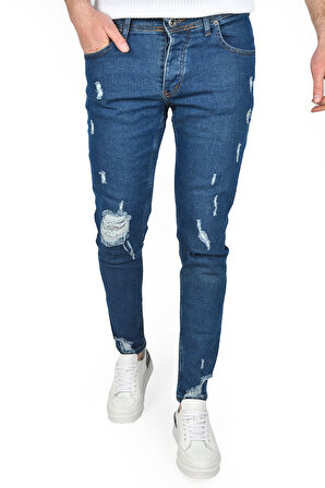 DeepSEA Erkek Mavi Dizleri ve Paçası Yırtık Skinny Fit Kesim Likralı Kot Pantolon Jean 2504946