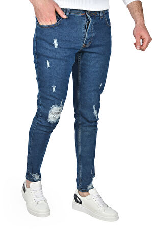DeepSEA Erkek Mavi Dizleri ve Paçası Yırtık Skinny Fit Kesim Likralı Kot Pantolon Jean 2504946