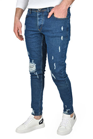 DeepSEA Erkek Mavi Dizleri ve Paçası Yırtık Skinny Fit Kesim Likralı Kot Pantolon Jean 2504946