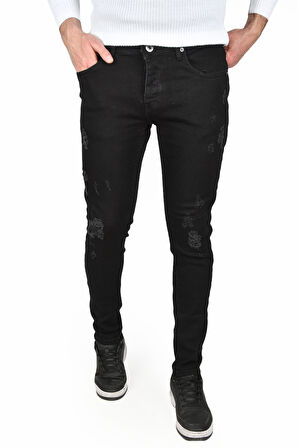 DeepSEA Erkek Siyah Yeni Sezon Önü Yırtık Slim Fit Kesim Likralı Kot Pantolon Jean 2505008