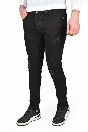 DeepSEA Erkek Siyah Yeni Sezon Önü Yırtık Slim Fit Kesim Likralı Kot Pantolon Jean 2505008
