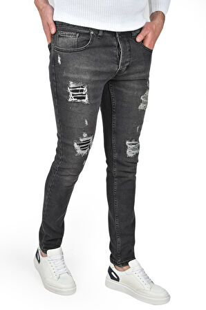DeepSEA Erkek Antrasit Önü Yırtık Slim Fit Likralı Kot Pantolon 2500388