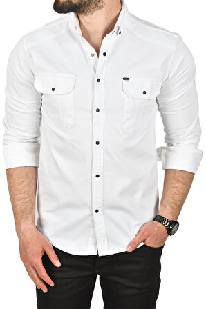 DeepSEA Erkek Beyaz Slim Fit Kolay Ütülenebilir Pamuklu Spor Gömlek Likralı Kot Gömlek 2502505