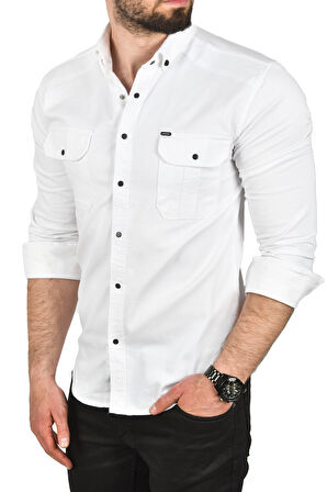 DeepSEA Erkek Beyaz Slim Fit Kolay Ütülenebilir Pamuklu Spor Gömlek Likralı Kot Gömlek 2502505