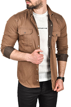 DeepSEA Erkek Kahve Slim Fit Kolay Ütülenebilir Pamuklu Spor Gömlek Likralı Kot Gömlek 2502505