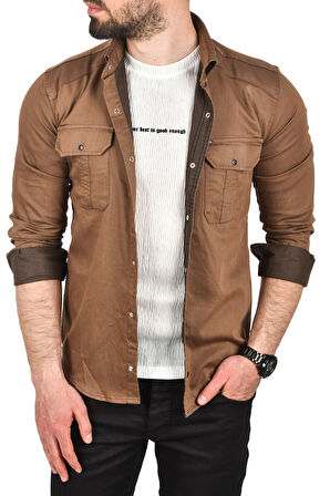 DeepSEA Erkek Kahve Slim Fit Kolay Ütülenebilir Pamuklu Spor Gömlek Likralı Kot Gömlek 2502505