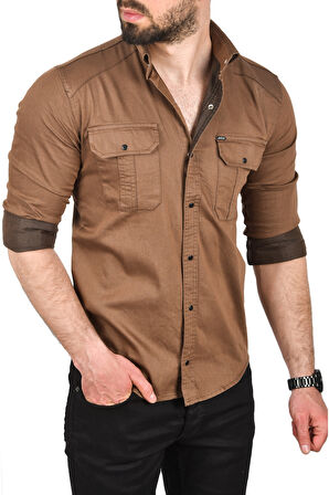DeepSEA Erkek Kahve Slim Fit Kolay Ütülenebilir Pamuklu Spor Gömlek Likralı Kot Gömlek 2502505