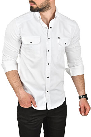 DeepSEA Erkek Lacivert Slim Fit Kolay Ütülenebilir Pamuklu Spor Gömlek Likralı Kot Gömlek 2502505
