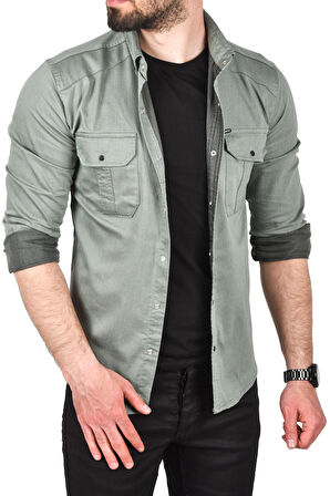 DeepSEA Erkek Yeşil Slim Fit Kolay Ütülenebilir Pamuklu Spor Gömlek Likralı Kot Gömlek 2502505