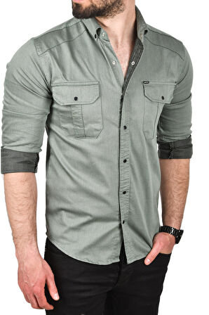 DeepSEA Erkek Yeşil Slim Fit Kolay Ütülenebilir Pamuklu Spor Gömlek Likralı Kot Gömlek 2502505