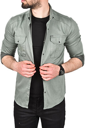 DeepSEA Erkek Yeşil Slim Fit Kolay Ütülenebilir Pamuklu Spor Gömlek Likralı Kot Gömlek 2502505