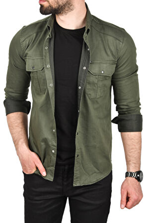 DeepSEA Erkek Haki Slim Fit Kolay Ütülenebilir Pamuklu Spor Gömlek Likralı Kot Gömlek 2502505