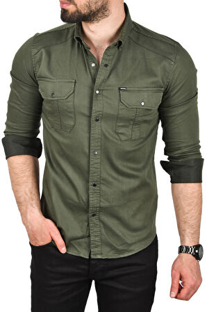 DeepSEA Erkek Haki Slim Fit Kolay Ütülenebilir Pamuklu Spor Gömlek Likralı Kot Gömlek 2502505