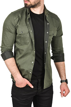DeepSEA Erkek Haki Slim Fit Kolay Ütülenebilir Pamuklu Spor Gömlek Likralı Kot Gömlek 2502505