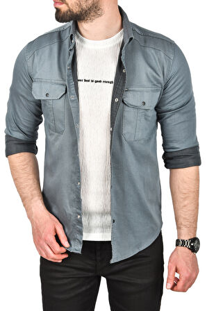 DeepSEA Erkek Füme Slim Fit Kolay Ütülenebilir Pamuklu Spor Gömlek Likralı Kot Gömlek 2502505