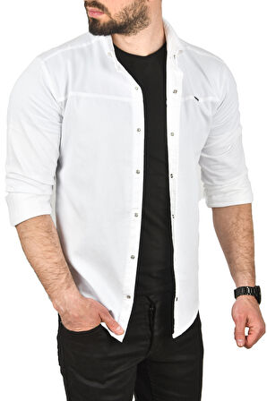 DeepSEA Erkek Beyaz Slim Fit Pamuklu Kot Gömlek Kolay Ütülenebilir Çıt Çıtlı Likralı Spor Gömlek 2502504