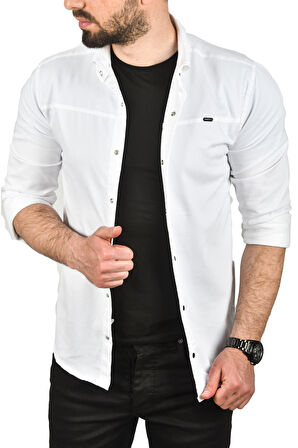 DeepSEA Erkek Beyaz Slim Fit Pamuklu Kot Gömlek Kolay Ütülenebilir Çıt Çıtlı Likralı Spor Gömlek 2502504