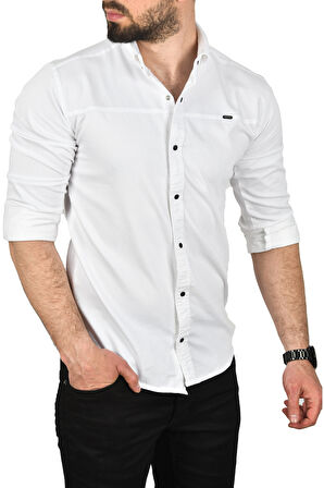 DeepSEA Erkek Beyaz Slim Fit Pamuklu Kot Gömlek Kolay Ütülenebilir Çıt Çıtlı Likralı Spor Gömlek 2502504