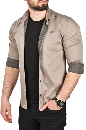 DeepSEA Erkek Vizon Slim Fit Pamuklu Kot Gömlek Kolay Ütülenebilir Çıt Çıtlı Likralı Spor Gömlek 2502504