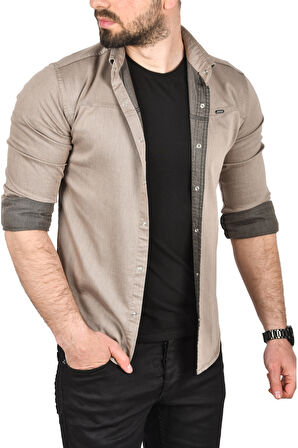 DeepSEA Erkek Vizon Slim Fit Pamuklu Kot Gömlek Kolay Ütülenebilir Çıt Çıtlı Likralı Spor Gömlek 2502504
