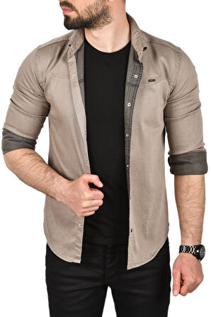 DeepSEA Erkek Vizon Slim Fit Pamuklu Kot Gömlek Kolay Ütülenebilir Çıt Çıtlı Likralı Spor Gömlek 2502504