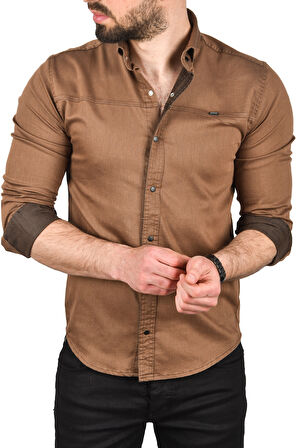 DeepSEA Erkek Kahve Slim Fit Pamuklu Kot Gömlek Kolay Ütülenebilir Çıt Çıtlı Likralı Spor Gömlek 2502504