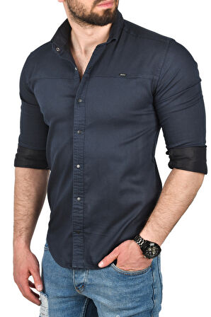 DeepSEA Erkek Lacivert Slim Fit Pamuklu Kot Gömlek Kolay Ütülenebilir Çıt Çıtlı Likralı Spor Gömlek 2502504