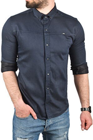 DeepSEA Erkek Lacivert Slim Fit Pamuklu Kot Gömlek Kolay Ütülenebilir Çıt Çıtlı Likralı Spor Gömlek 2502504