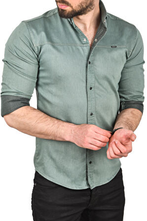 DeepSEA Erkek Yeşil Slim Fit Pamuklu Kot Gömlek Kolay Ütülenebilir Çıt Çıtlı Likralı Spor Gömlek 2502504