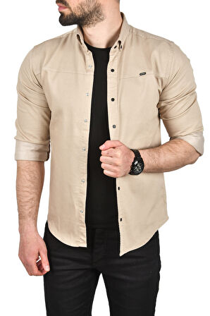 DeepSEA Erkek Bej Slim Fit Pamuklu Kot Gömlek Kolay Ütülenebilir Çıt Çıtlı Likralı Spor Gömlek 2502504