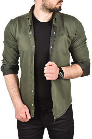 DeepSEA Erkek Haki Slim Fit Pamuklu Kot Gömlek Kolay Ütülenebilir Çıt Çıtlı Likralı Spor Gömlek 2502504
