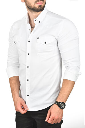 DeepSEA Erkek Beyaz Slim Fit Pamuklu Cepli Kot Gömlek Çıtçıtlı Uzun Kollu Spor Gömlek 2502503