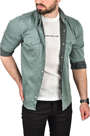 DeepSEA Erkek Yeşil Slim Fit Pamuklu Cepli Kot Gömlek Çıtçıtlı Uzun Kollu Spor Gömlek 2502503