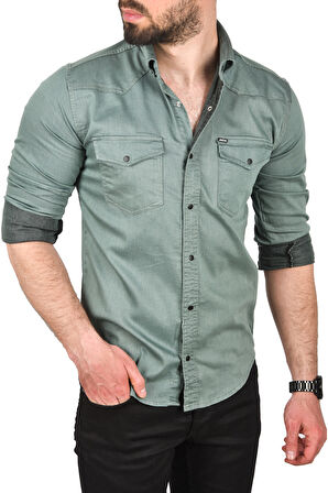 DeepSEA Erkek Yeşil Slim Fit Pamuklu Cepli Kot Gömlek Çıtçıtlı Uzun Kollu Spor Gömlek 2502503