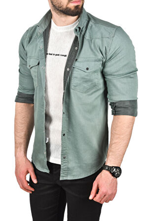 DeepSEA Erkek Yeşil Slim Fit Pamuklu Cepli Kot Gömlek Çıtçıtlı Uzun Kollu Spor Gömlek 2502503