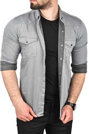 DeepSEA Erkek Gri Slim Fit Pamuklu Cepli Kot Gömlek Çıtçıtlı Uzun Kollu Spor Gömlek 2502503
