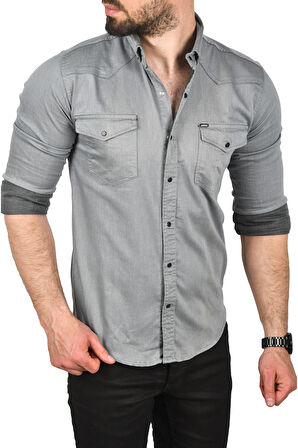 DeepSEA Erkek Gri Slim Fit Pamuklu Cepli Kot Gömlek Çıtçıtlı Uzun Kollu Spor Gömlek 2502503