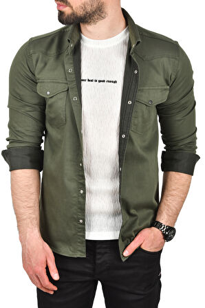 DeepSEA Erkek Haki Slim Fit Pamuklu Cepli Kot Gömlek Çıtçıtlı Uzun Kollu Spor Gömlek 2502503