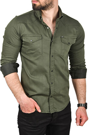 DeepSEA Erkek Haki Slim Fit Pamuklu Cepli Kot Gömlek Çıtçıtlı Uzun Kollu Spor Gömlek 2502503