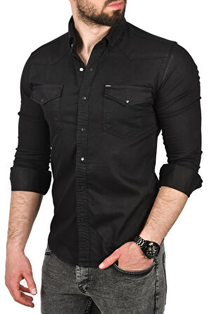 DeepSEA Erkek Siyah Slim Fit Pamuklu Cepli Kot Gömlek Çıtçıtlı Uzun Kollu Spor Gömlek 2502503
