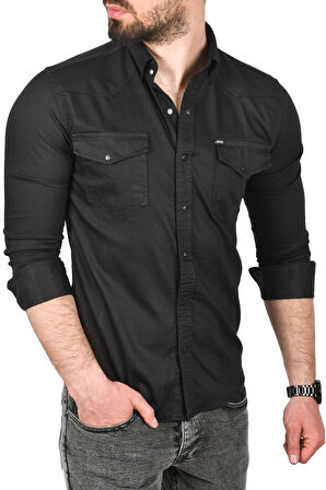 DeepSEA Erkek Siyah Slim Fit Pamuklu Cepli Kot Gömlek Çıtçıtlı Uzun Kollu Spor Gömlek 2502503