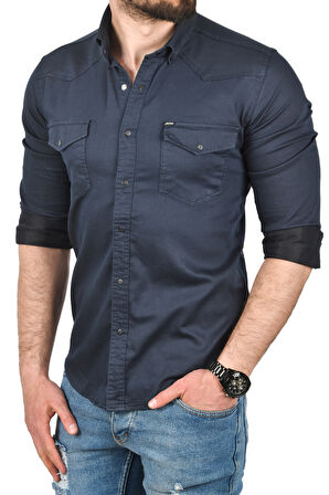 DeepSEA Erkek Lacivert Slim Fit Pamuklu Cepli Kot Gömlek Çıtçıtlı Uzun Kollu Spor Gömlek 2502503