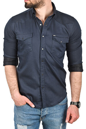 DeepSEA Erkek Lacivert Slim Fit Pamuklu Cepli Kot Gömlek Çıtçıtlı Uzun Kollu Spor Gömlek 2502503