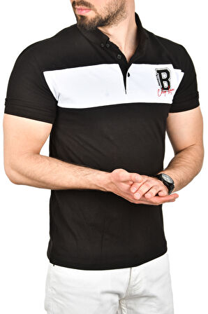 DeepSEA Erkek Siyah Slim Fit Nefes Alan Pamuklu Kumaş Dar Kesim Kıvrılmaz Yaka Polo Yaka Tişört 2503019